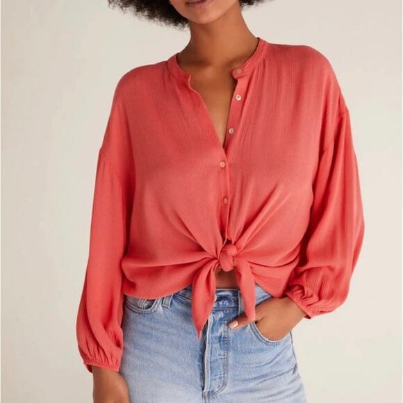 Z Supply Womens Clarissa Crinkle Top Blouse Size XL Button Up Rayon Coral Orange - Picture 2 of 9